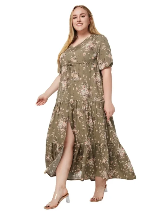 Plus Size Floral Print V-Neck Dress - Image 5