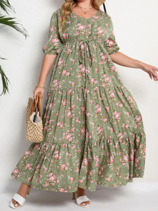 Plus Size Floral Print V-Neck Dress