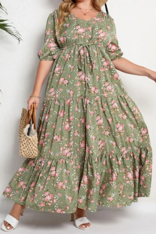 Plus Size Floral Print V-Neck Dress