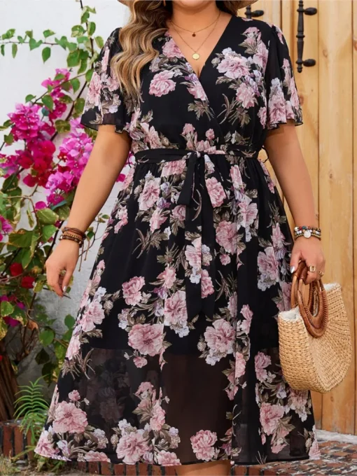 Plus Size Floral Print Midi Dress