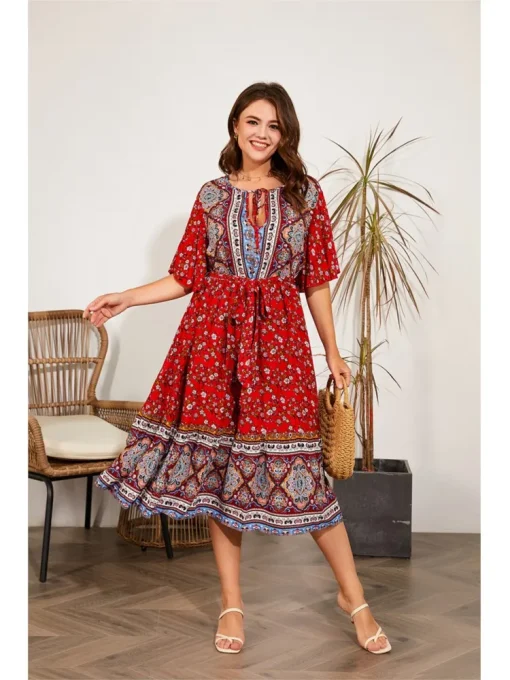 Plus Size Floral Ethnic Print Long Summer Dress - Image 2