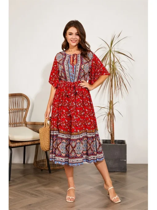 Plus Size Floral Ethnic Print Long Summer Dress - Image 3