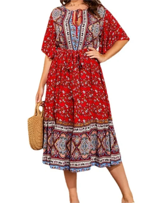 Plus Size Floral Ethnic Print Long Summer Dress - Image 4