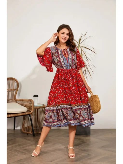 Plus Size Floral Ethnic Print Long Summer Dress