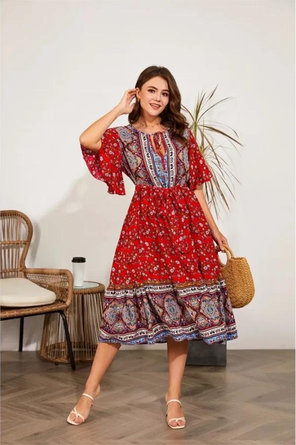 Plus Size Floral Ethnic Print Long Summer Dress