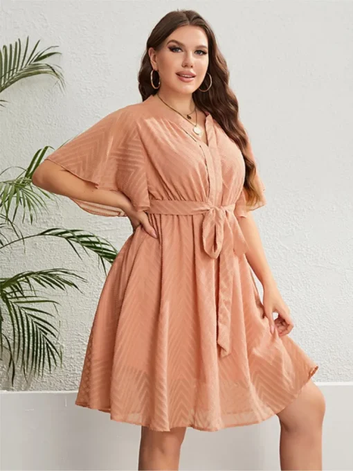 Plus Size Pink V-Neck Midi Dress