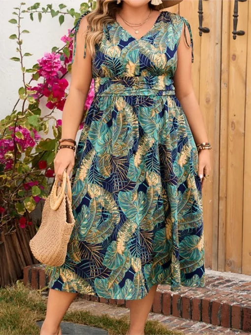 Plus Size Floral Print V-Neck Midi Dress - Image 5