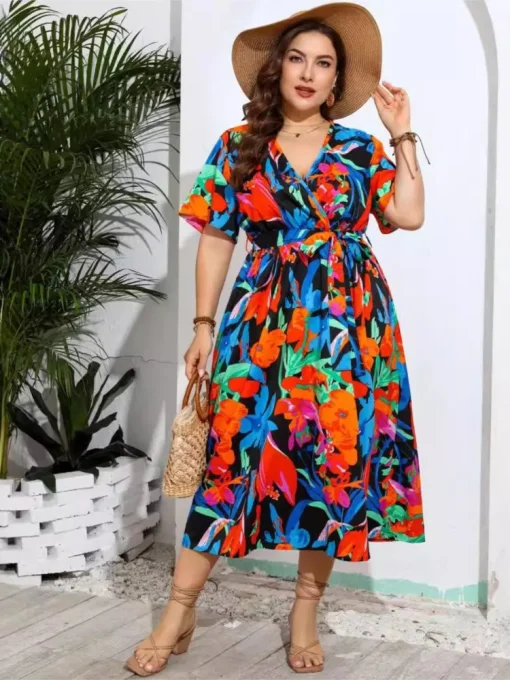 Plus Size V-Neck Floral Midi Dress - Image 3