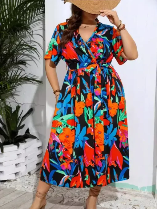 Plus Size V-Neck Floral Midi Dress