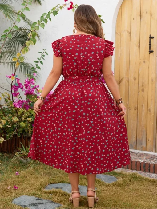 Plus Size Floral Print V-Neck Midi Dress - Image 3