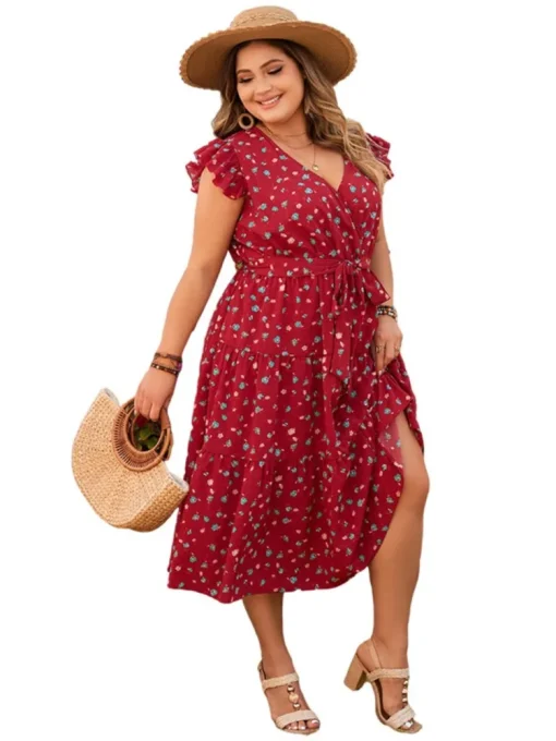 Plus Size Floral Print V-Neck Midi Dress - Image 4