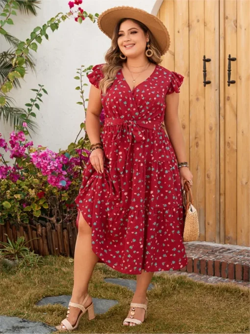 Plus Size Floral Print V-Neck Midi Dress - Image 5