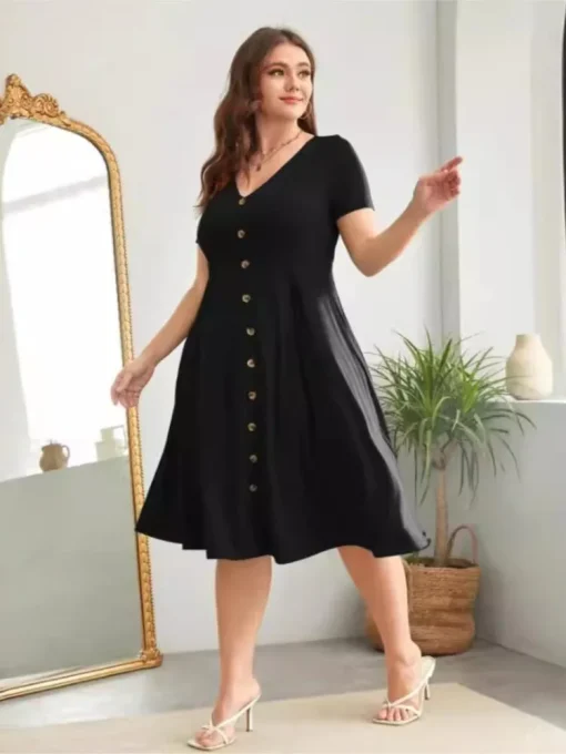 Plus Size V-Neck Midi Dress with A-Line Silhouette - Image 2