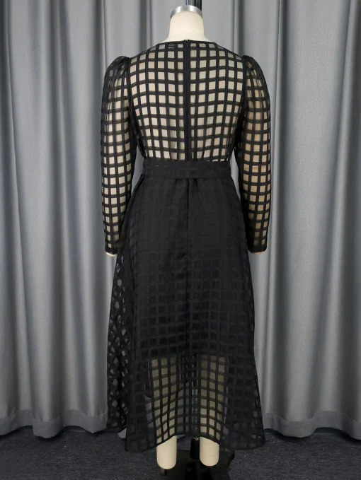 Black Plaid See Through A-Line Dress - Image 2