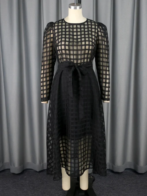 Black Plaid See Through A-Line Dress - Image 3