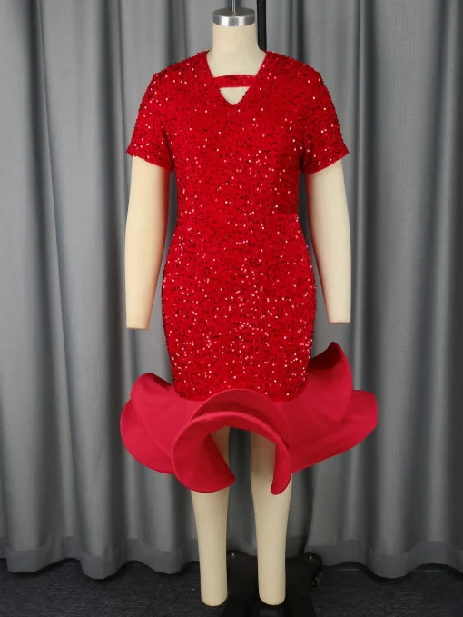 Red Sequin Velvet Party Dress - Image 3