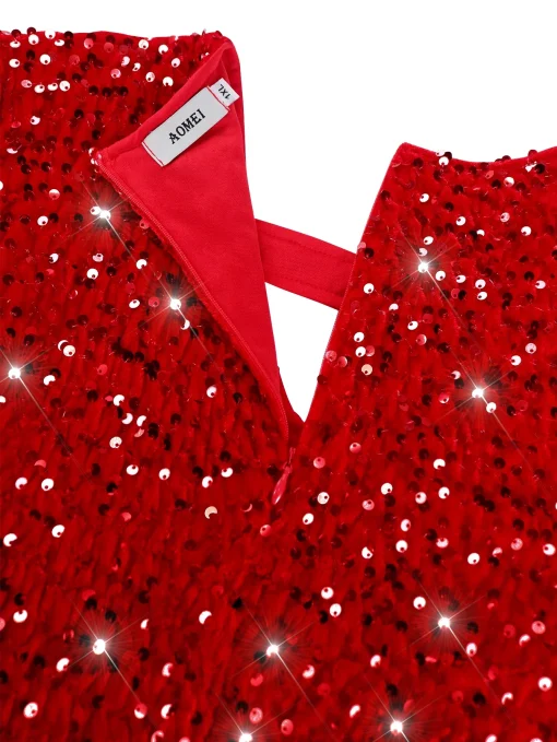 Red Sequin Velvet Party Dress - Image 5