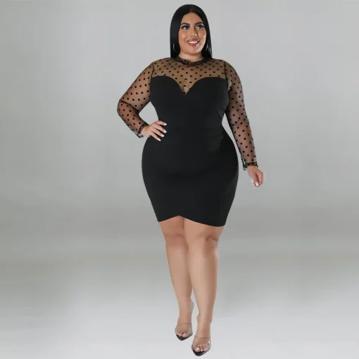 Plus Size Dot Mesh See-Through Mini Party Dress