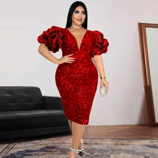 Plus Size Sequin V-Neck Puff Sleeve Midi Dress - Image 6