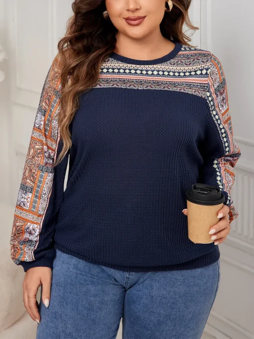 Plus Size Ethnic Print Waffle Tee - Image 4