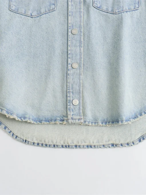 Denim Lapel Shirt with Pockets and Long Sleeves - Image 4