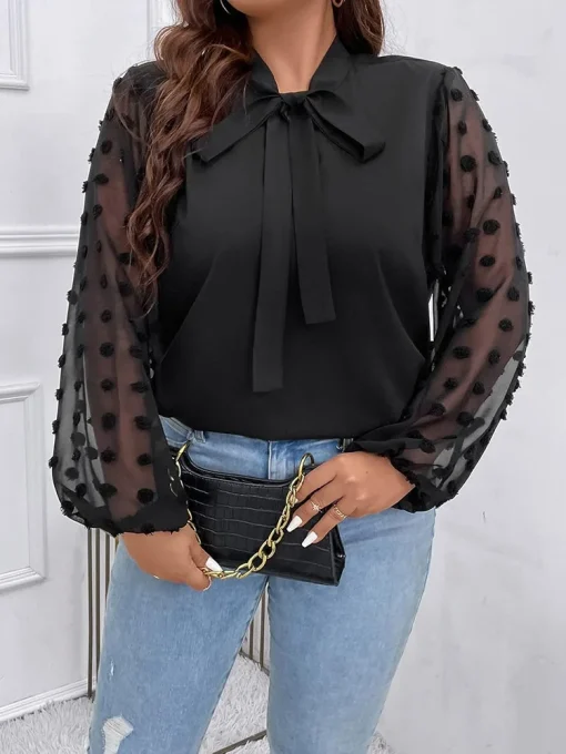 Plus Size Bow Tie Mesh Blouse - Image 2