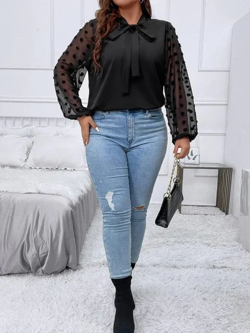 Plus Size Bow Tie Mesh Blouse - Image 5