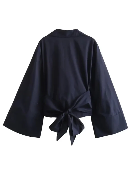 Versatile Solid Color Shirt with Bow and Flare Sleeves