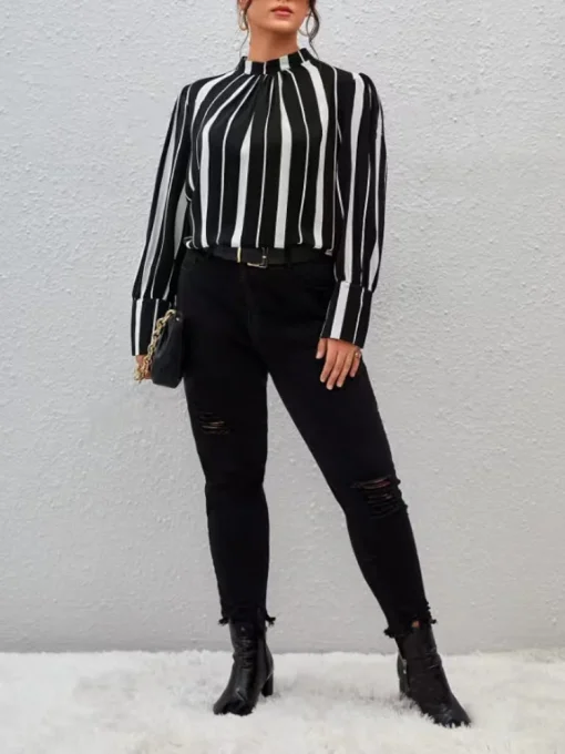 Plus Size Striped Stand Collar Shirt - Image 5