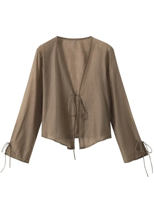 Lace-up V-Neck Women's Blouse - Image 2