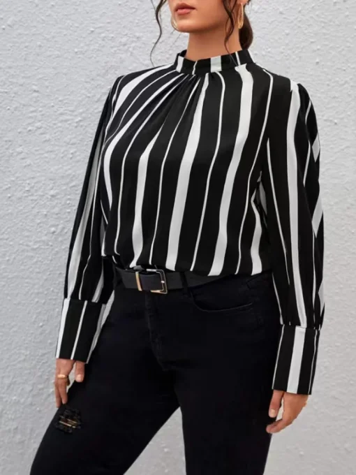 Plus Size Striped Stand Collar Shirt - Image 3