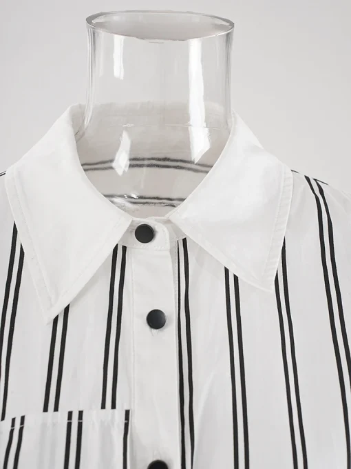 Striped Lapel Shirt with Irregular Bandage Design - Image 3