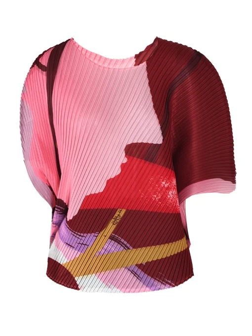 Pleated Print Round Neck T-Shirt - Image 4