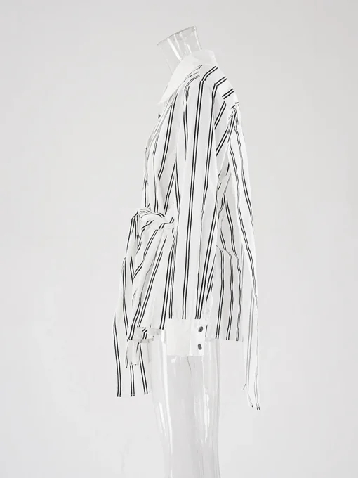 Striped Lapel Shirt with Irregular Bandage Design