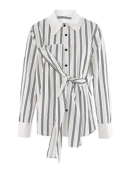 Striped Lapel Shirt with Irregular Bandage Design - Image 4