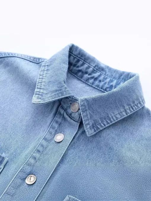 Blue Denim Lapel Shirt with Pockets and Long Sleeves - Image 2