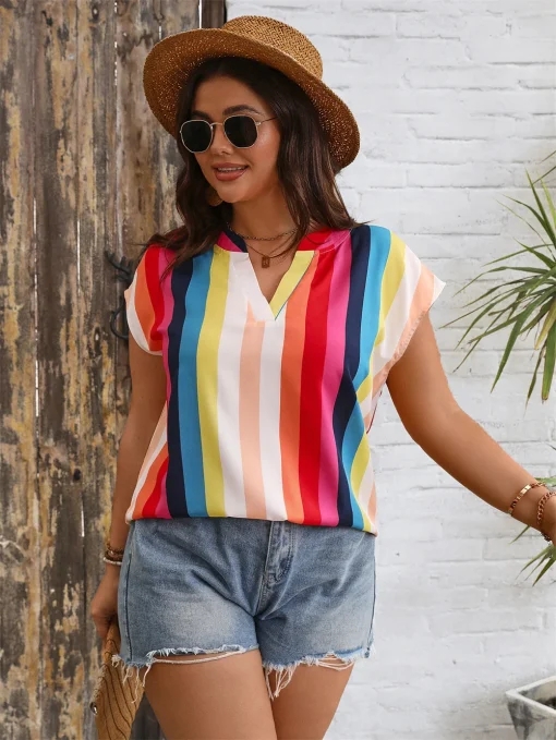 Plus Size Striped Notched Neck Blouse - Image 2