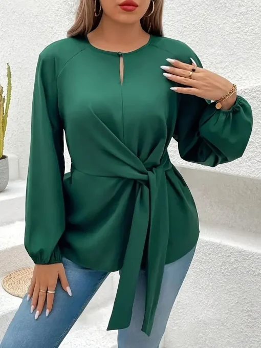 Plus Size Tie Front Keyhole Blouse - Image 2