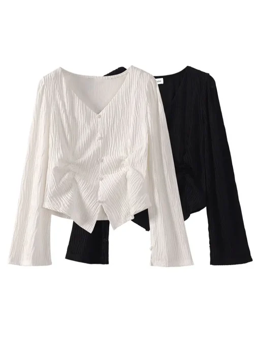 Versatile Pleated V-Neck Shirt - Image 5