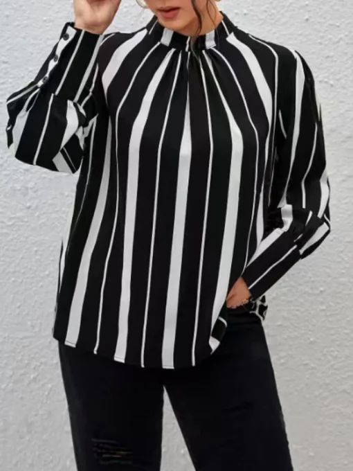 Plus Size Striped Stand Collar Shirt - Image 2