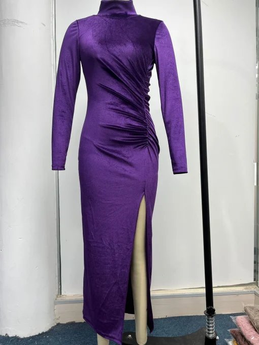 High Neck Velvet Split Bodycon Dress - Image 4