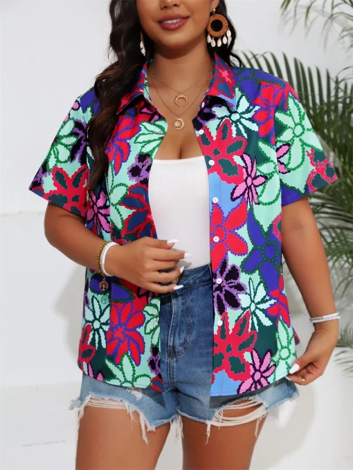 Plus Size Boho Print Short Sleeve Shirt - Image 2