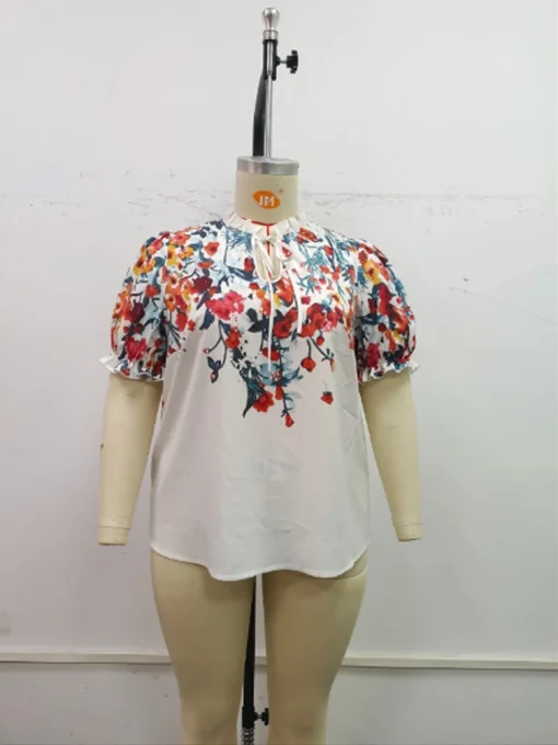 Floral Tie Neck Puff Sleeve Blouse - Image 5