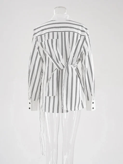 Striped Lapel Shirt with Irregular Bandage Design - Image 2