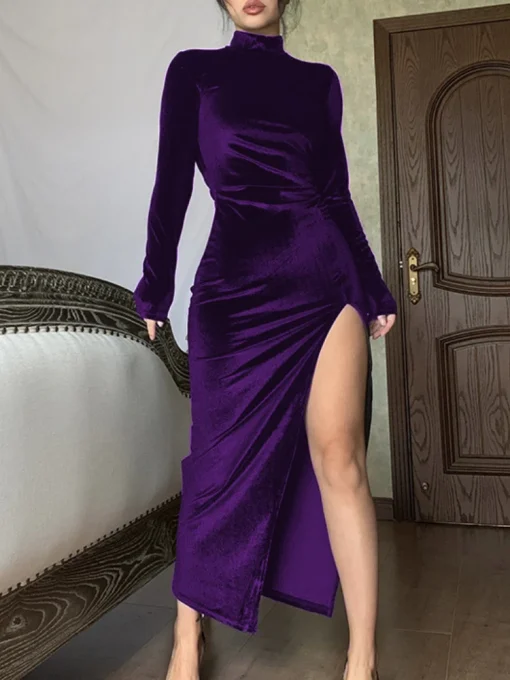 High Neck Velvet Split Bodycon Dress - Image 2