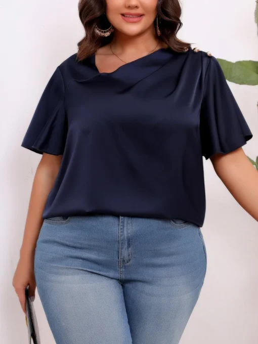 Plus Size Satin Diagonal Collar Top - Image 2