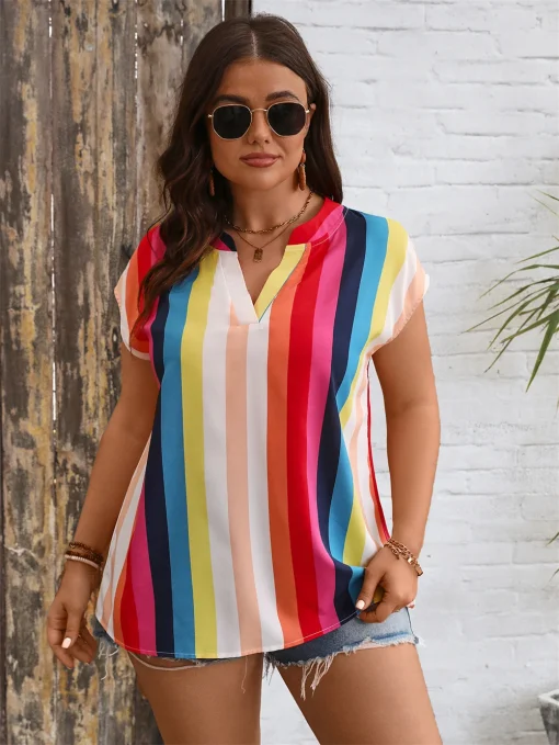 Plus Size Striped Notched Neck Blouse - Image 4