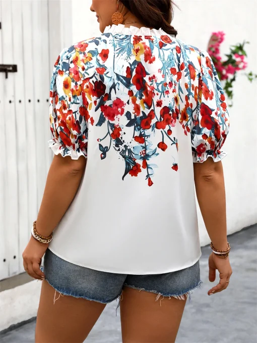 Floral Tie Neck Puff Sleeve Blouse