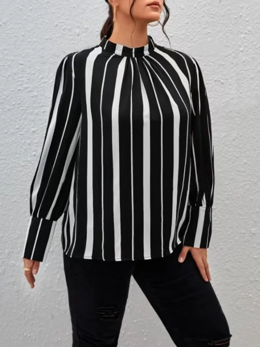 Plus Size Striped Stand Collar Shirt - Image 4