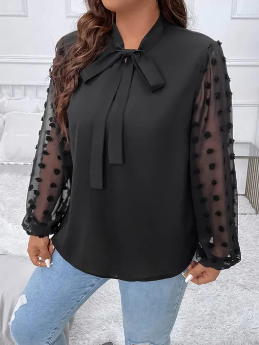 Plus Size Bow Tie Mesh Blouse - Image 3